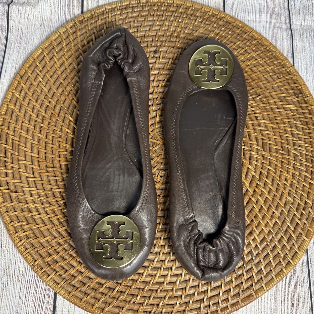 Tory Burch Women's Flats Minnie Ballet Size 8 Brown Leather Gold Logo Accent